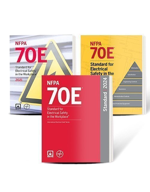 NFPA 70E electrical safety standard book for workplace safety, 2018, 2021, and 2024 editions, displayed on a table.