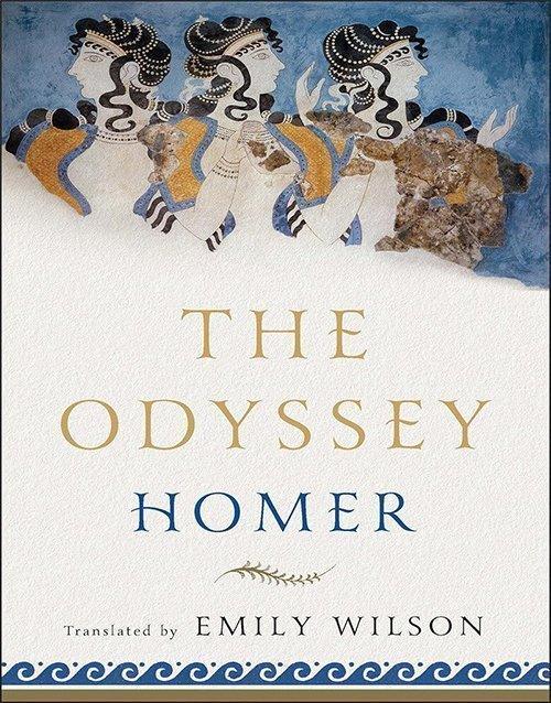 The Odyssey by Homer, translated by Emily Wilson, featuring ancient Greek artwork on cover