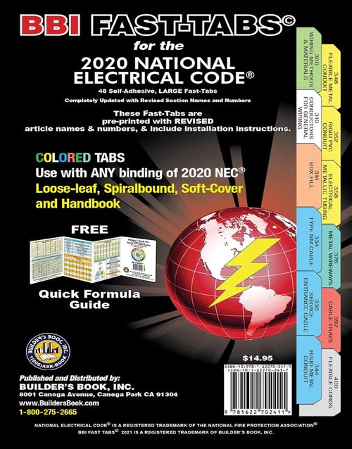 Color-coded National Electrical Code (NEC) 2020 Fast-Tabs NFPA guidebook with labeled tabs for easy reference.