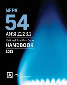 NFPA 54 National Fuel Gas Code 2021 Edition book cover, ANSI Z223.1 standards for gas safety and regulations.
