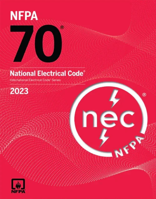 NFPA 70 National Electrical Code 2023 book cover, red design with NEC logo, technical reference for electrical standards