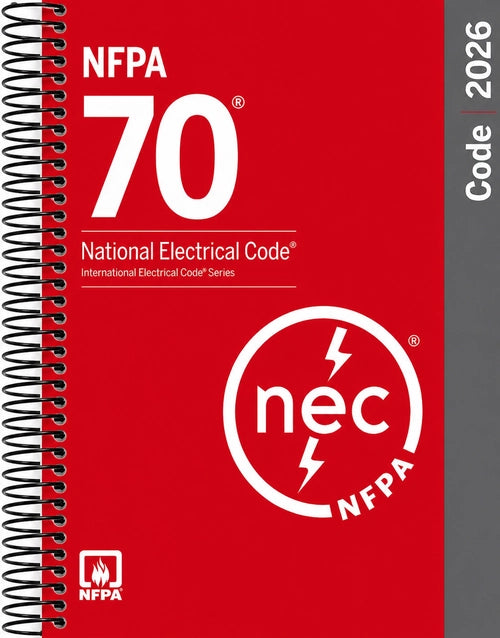 Spiralbound NFPA 70 National Electrical Code 2026 book with detailed wiring and electrical safety guidelines