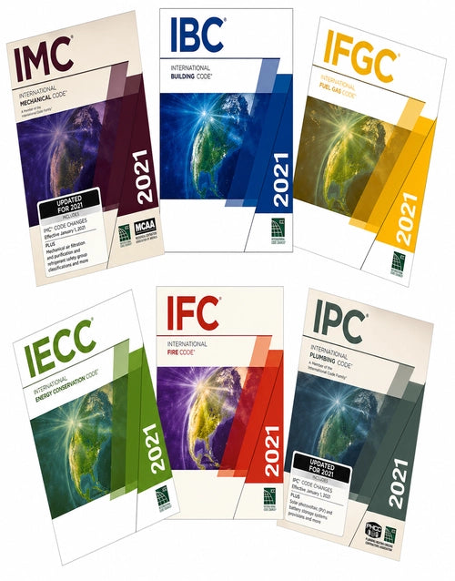 ICC comprehensive guide to 2021 codes including IBC, IMC, IFGC, IECC, IFC, and IPC, featuring a detailed book cover.