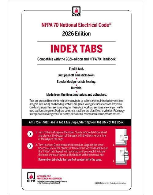 NFPA 70 National Electrical Code 2026 Edition index tabs for fast navigation, durable & color-coded by section