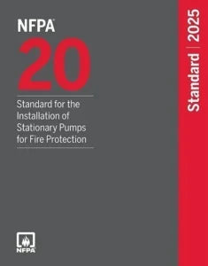 NFPA 20 Standard for the Installation of Stationary Pumps for Fire Protection 2025 Edition book cover, NFPA compliance guide.