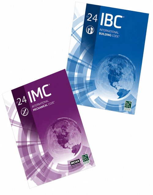 ICC International Building Code (IBC) and Mechanical Code (IMC) 2024 book cover, published by onlinebookdeals