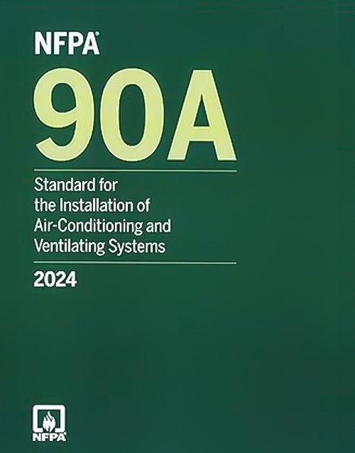 NFPA 90A standard guide for installing air-conditioning and ventilating systems, showing technical diagrams and safety instructions.