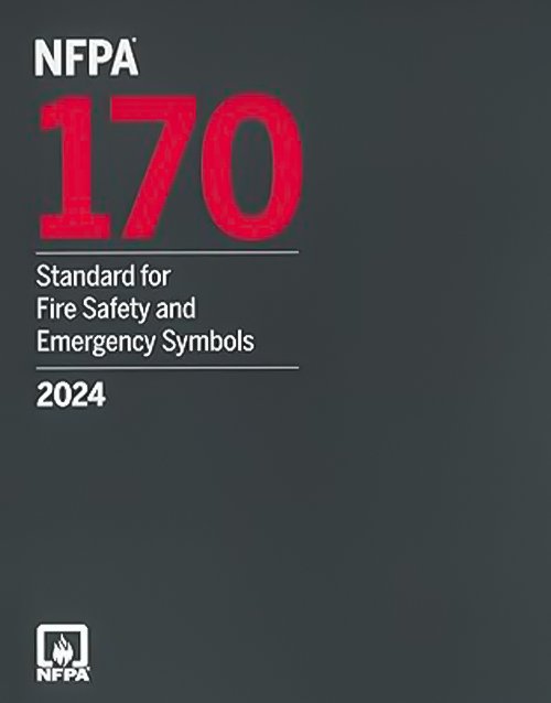 NFPA 170 fire safety and emergency symbols 2024 edition cover showing NFPA standards booklet with colorful safety icons.