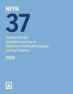 NFPA 37 standard booklet for stationary combustion engine installation and use, with cover image showing safety guidelines.
