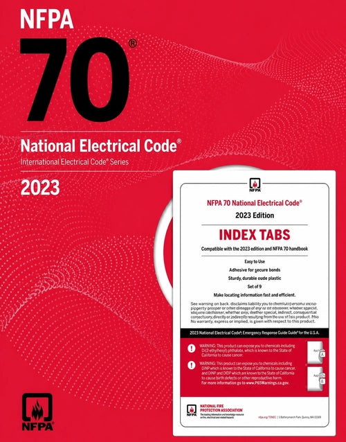 NFPA 70 National Electrical Code 2023 paperback with index tabs, featuring detailed electrical safety and code guidelines.
