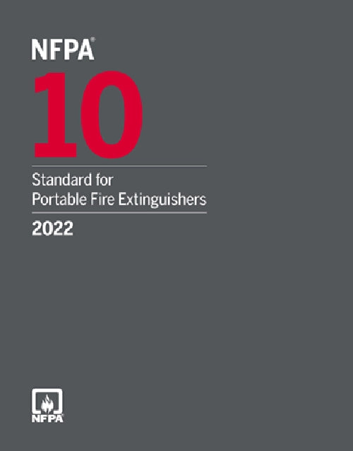 NFPA 10 Standard for Portable Fire Extinguishers 2022 Edition book cover, NFPA branding, blue and white design.