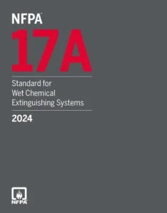 NFPA 17A Wet Chemical Extinguishing Systems standard document cover, 2024 edition, showing NFPA branding and safety guidelines.