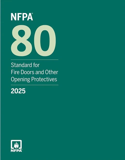 NFPA 80 Standard for Fire Doors and Opening Protectives 2025 Edition book, NFPA branded, with a black cover and title text.