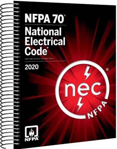 Spiral bound NFPA 70 National Electrical Code 2020 book with yellow cover and visible text, used for electrical safety standards.
