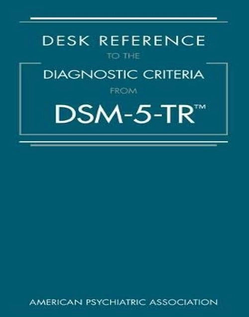 Spiralbound Desk Reference to DSM-5-TR diagnostic criteria book, featuring the DSM logo and detailed mental health assessment guidelines.