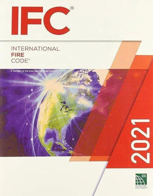 International Fire Code (IFC) 2021 book by ICC, featuring a clear cover with title and publisher details on a white background.