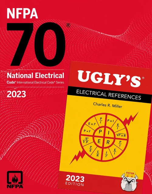 NFPA 70 National Electrical Code 2023 paperback with Ugly’s Electrical Reference book, featuring technical electrical standards and guidelines.
