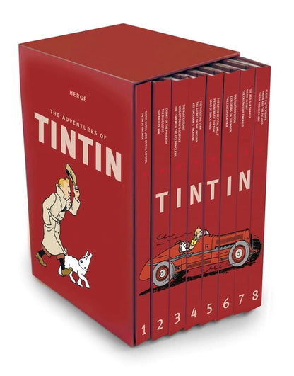 Complete set of Tintin comics by onlinebookdeals in a red bundle, featuring colorful covers and collectible graphic novels.