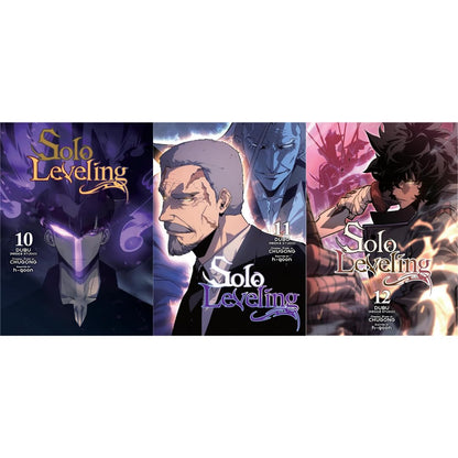 Complete manga series set of Solo Leveling Volumes 1-12 by Chugong, featuring colorful comic book covers and spine spines.