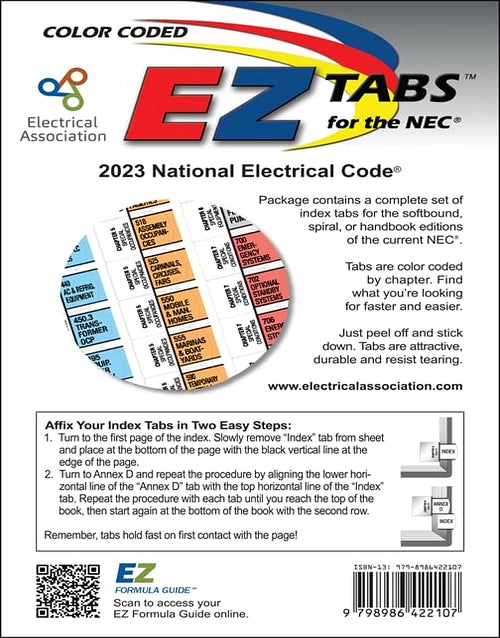 NFPA EZ Tabs for NEC 2023 by onlinebookdeals, showing colorful tabs and labels designed for electrical code reference.