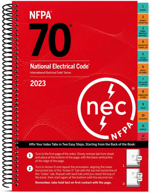 NFPA 70 National Electrical Code 2023 Edition spiralbound book with tabs, showing the cover and binding detail.