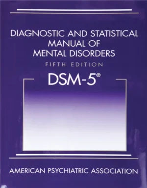 Open DSM-5 manual displaying diagnostic categories and text, used for mental health diagnosis and assessment.
