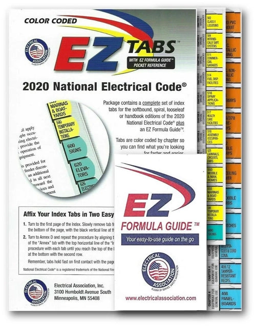 Color-coded NFPA EZ Tabs for NEC 2020, featuring red, yellow, blue, and white labels for electrical safety compliance.