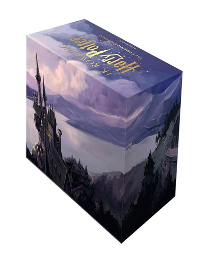 Complete Harry Potter box set of comics featuring all seven books in hardcover, displayed with magical illustrations.