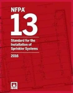 NFPA 13 sprinkler system installation standard book, 2016 edition, showing the cover with title and NFPA branding.