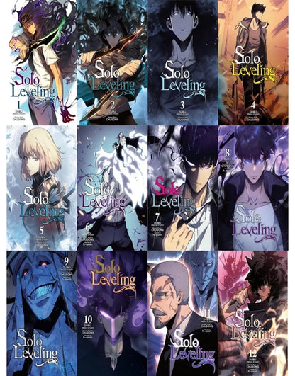 Complete Solo Leveling manga series set, Volumes 1-12, by Chugong, featuring colorful cover art of popular comic books.