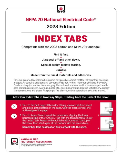 NFPA INDEX TAB 2023 guide with colorful tabs and clear labeling, designed for quick reference and organization of safety information.