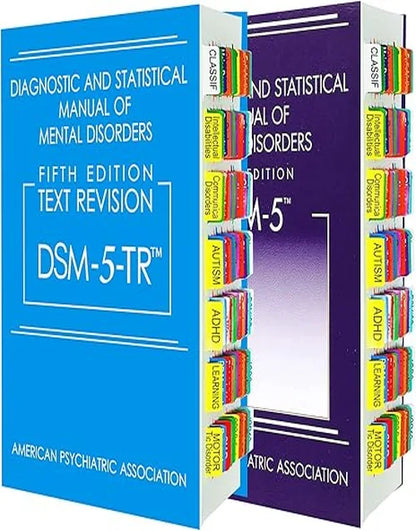 DSM-5-TR index tabs in a printed DSM-V-TR book, featuring 94 colorful, numbered tabs for easy navigation and reference.