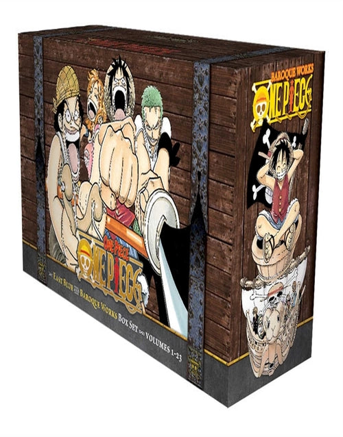 Box set of One Piece comics featuring East Blue and Baroque Works volumes 1-23, with colorful manga covers and characters.