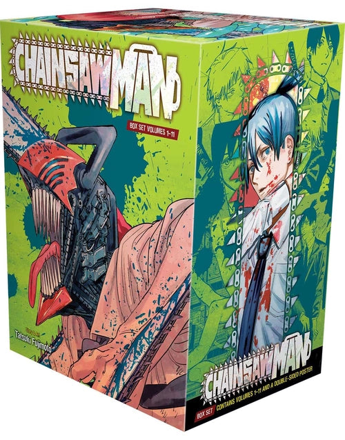 Chainsaw Man comic box set featuring volumes 1-11 paperback by Tatsuki Fujimoto, displayed with colorful manga covers.