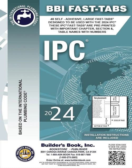 ICC International Plumbing Code Fast Tabs 2024 booklet with fast tabs and detailed plumbing regulations, displayed on a white background.