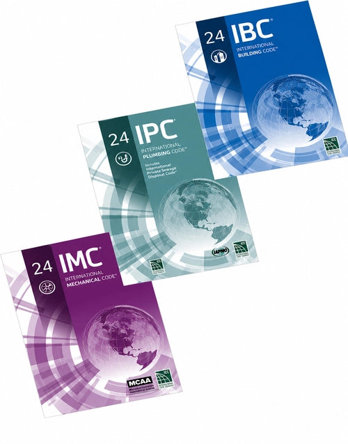 ICC International Mechanical Code IMC, Plumbing Code IPC, and Building Code IBC 2024 editions, digital book cover with text and logos
