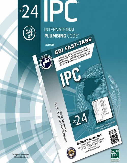 ICC IPC 2024 Plumbing Code with BBI Fast-Tabs, official onlinebookdeals edition, showing a printed book cover and fast-tab tabs.