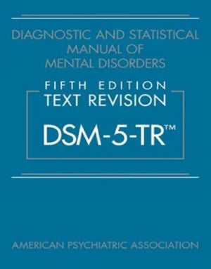 Hardcover of DSM-5-TR Diagnostic and Statistical Manual of Mental Disorders, 5th Edition, with spine and cover details visible.