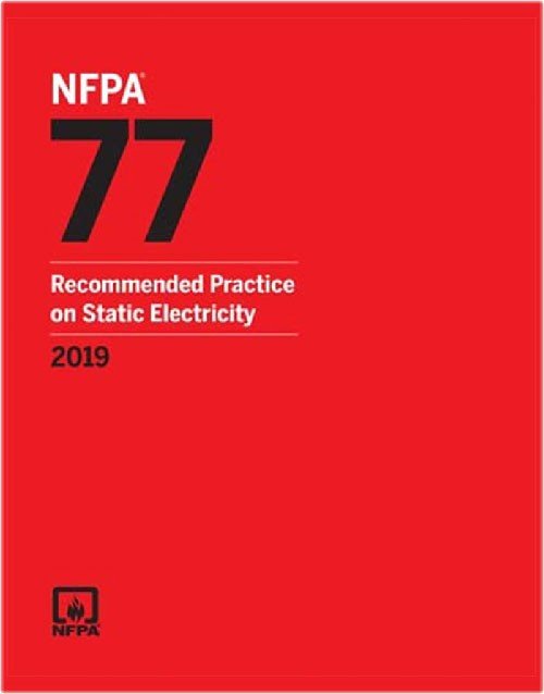NFPA 77 Recommended Practice on Static Electricity 2019 edition book cover, with title and NFPA branding visible.