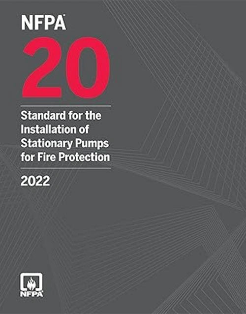 NFPA 20 Standard for Stationary Fire Pump Installation 2022 Edition book cover with title and edition details.
