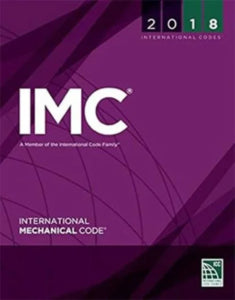 2018 ICC International Mechanical Code book cover with ISBN 978-1609837228, featuring technical diagrams and regulatory details.