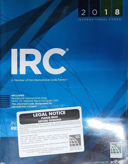 ICC IRC 2018 International Residential Code book, 978-1609837372, featuring cover and spine with detailed building codes