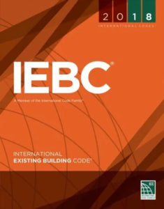 International Existing Building Code (IEBC) 2018 ICC book cover with ISBN 978-1609837525, featuring a blue and white design