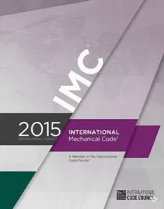 2015 International Mechanical Code ICC book, first edition, with clear cover showing title and edition details.