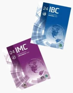 ICC International Building Code (IBC) and Mechanical Code (IMC) 2024 book cover with technical design and title text.