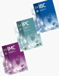 International Mechanical Code IMC, Plumbing Code IPC, and Building Code IBC 2024 editions by ICC, displayed on a digital device.