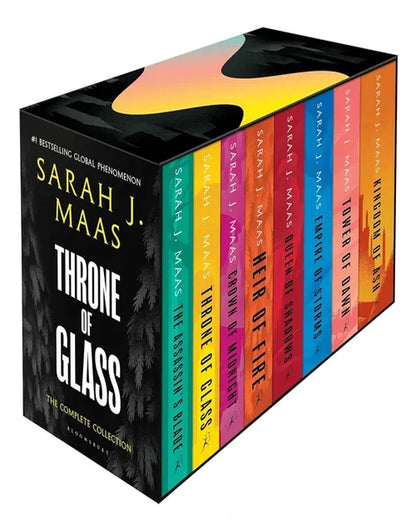 Paperback box set of Throne of Glass fantasy novels, featuring multiple book spines in a visually appealing display.