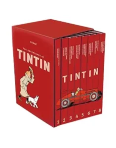 Complete set of Tintin comics in red bundle, featuring colorful covers and classic cartoon illustrations by onlinebookdeals.
