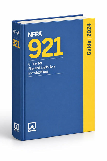 NFPA 921 Guide for Fire and Explosion Investigations 2024 edition, blue and yellow hardcover book