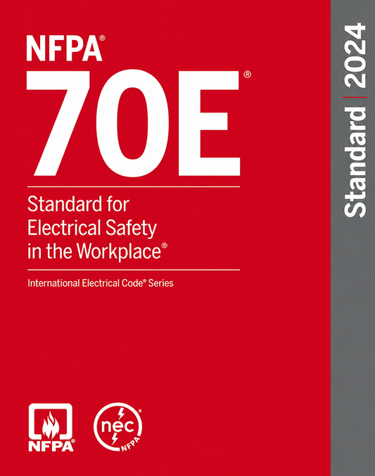 NFPA 70E 2024 Edition book on electrical safety standards for workplaces, with cover showing the NFPA logo and safety icons.